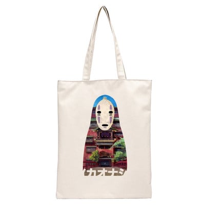 Spirited Away Faceless Print Újrafelhasználható bevásárlótáska Női vászon hordtáskák Nyomtatás Ökotáska Rajzfilm vásárlói válltáskák