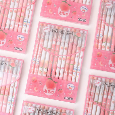 12 buc/lot 0,5 mm Set de stilouri de ștergere cu piersici Kawaii, mâner lavabil, cerneală neagră, pixuri cu gel pentru scris pentru elevi de școală.