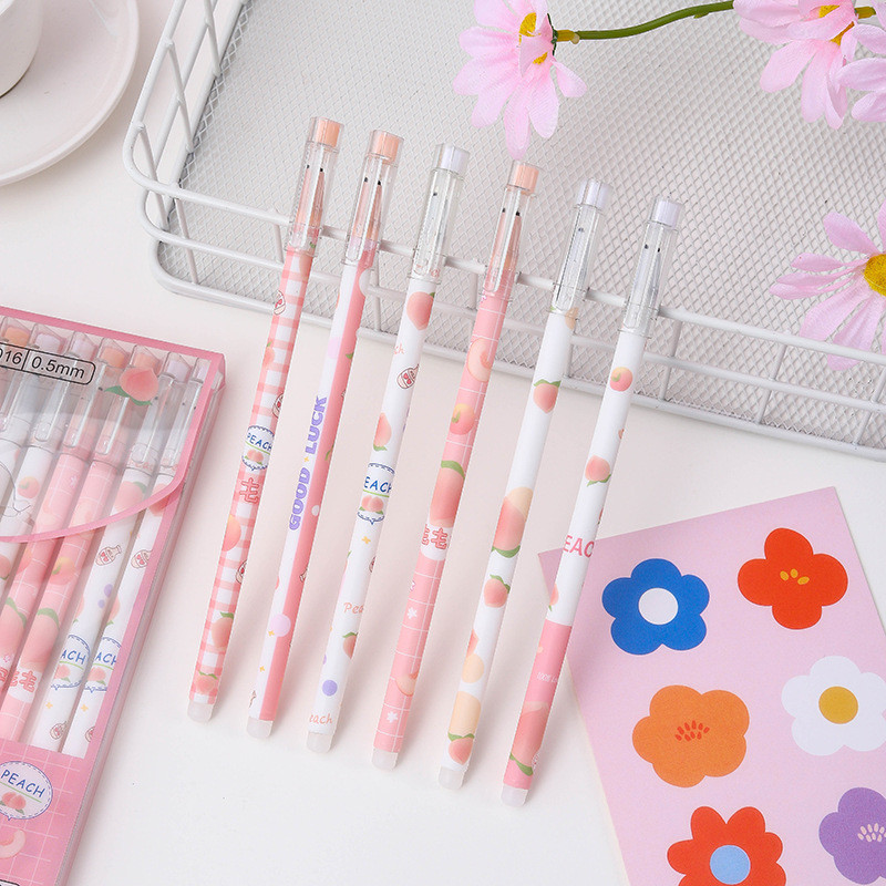 12 buc/lot 0,5 mm Set de stilouri de ștergere cu piersici Kawaii, mâner lavabil, cerneală neagră, pixuri cu gel pentru scris pentru elevi de școală.