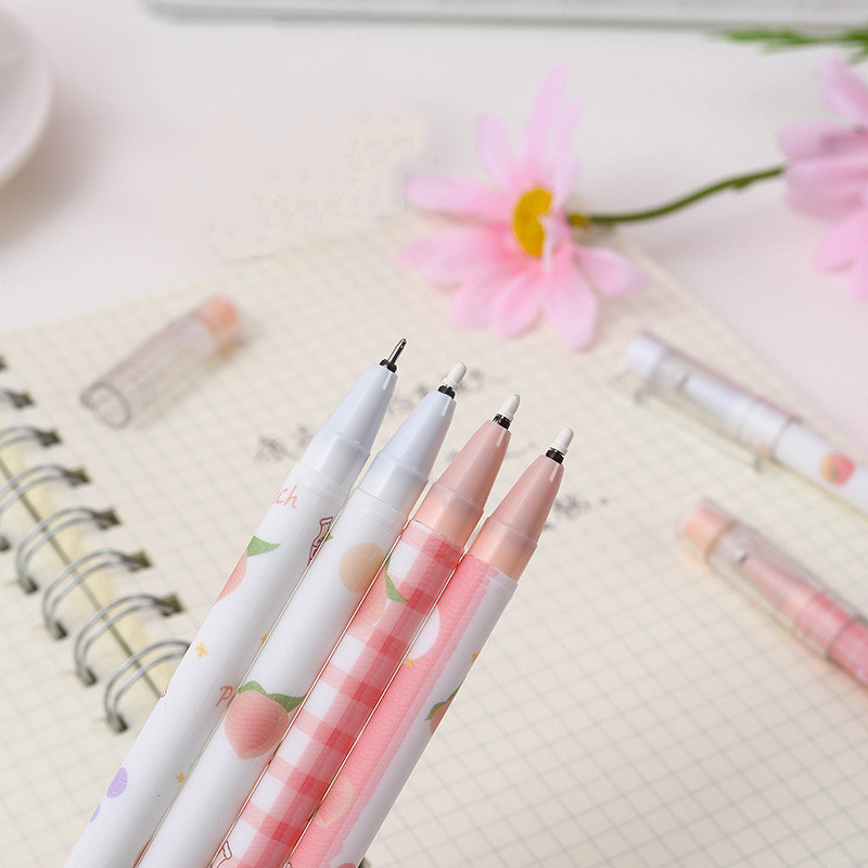 12 buc/lot 0,5 mm Set de stilouri de ștergere cu piersici Kawaii, mâner lavabil, cerneală neagră, pixuri cu gel pentru scris pentru elevi de școală.
