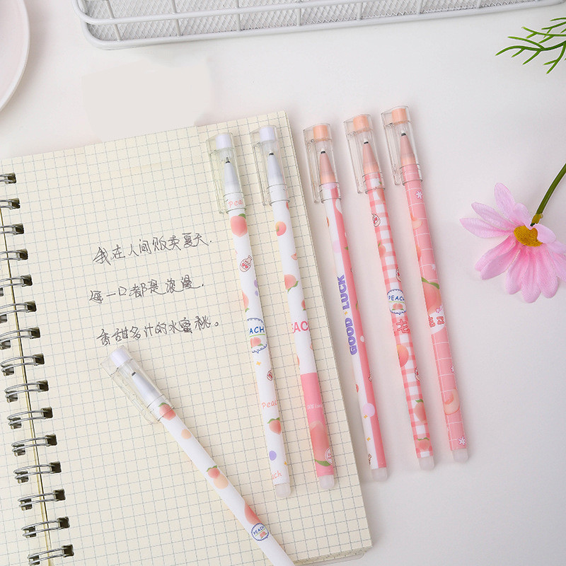 12 buc/lot 0,5 mm Set de stilouri de ștergere cu piersici Kawaii, mâner lavabil, cerneală neagră, pixuri cu gel pentru scris pentru elevi de școală.