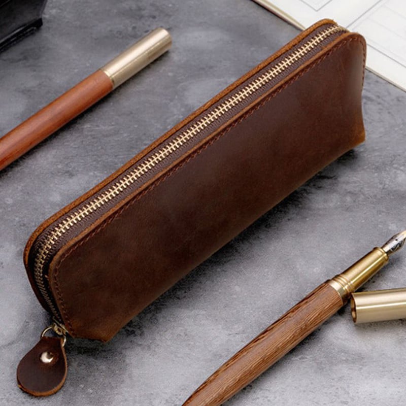 Retro marhabőr cipzáros tolltartó Nature valódi bőr tolltartó Írószer tartó tolltáska iskolai irodaszerek ajándék