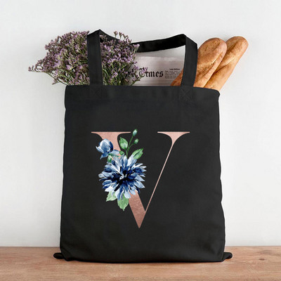 Pictură cu flori alfabete Genți de umăr din pânză grafică Femei drăguțe Harajuku Ulzzang Cumpărători Tote pentru cumpărături Genți de mână ocazionale de călătorie