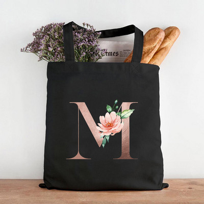 Pictură cu flori alfabete Genți de umăr din pânză grafică Femei drăguțe Harajuku Ulzzang Cumpărători Tote pentru cumpărături Genți de mână ocazionale de călătorie