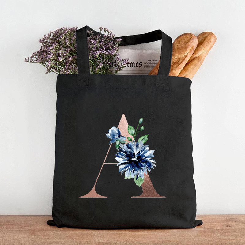 Pictură cu flori alfabete Genți de umăr din pânză grafică Femei drăguțe Harajuku Ulzzang Cumpărători Tote pentru cumpărături Genți de mână ocazionale de călătorie