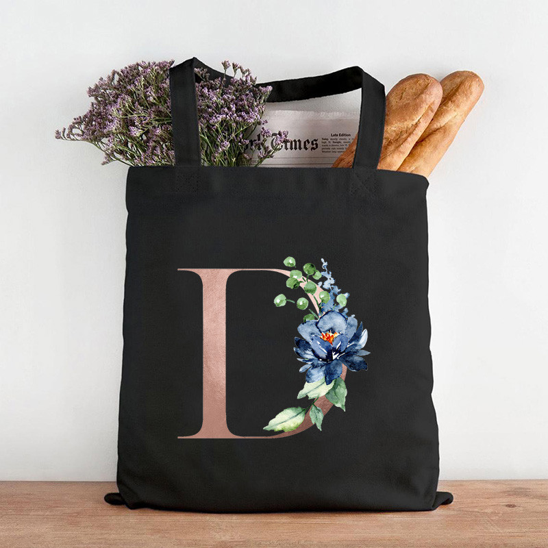 Pictură cu flori alfabete Genți de umăr din pânză grafică Femei drăguțe Harajuku Ulzzang Cumpărători Tote pentru cumpărături Genți de mână ocazionale de călătorie