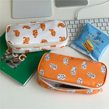 Малка чанта за молив Tiger Ретро чанта за канцеларски материали с карикатура Многофункционална чанта за съхранение с голям капацитет