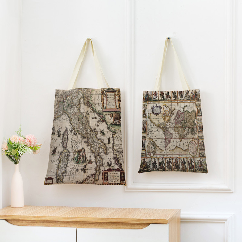 Vintage stara karta s uzorkom Market ECO torba za kupnju Dvostrani print dizajn Prijenosna ručna torba Sklopiva vanjska praktična pohrana