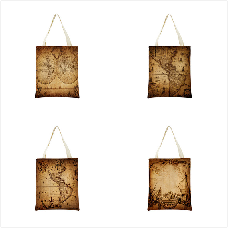 Vintage stara karta s uzorkom Market ECO torba za kupnju Dvostrani print dizajn Prijenosna ručna torba Sklopiva vanjska praktična pohrana