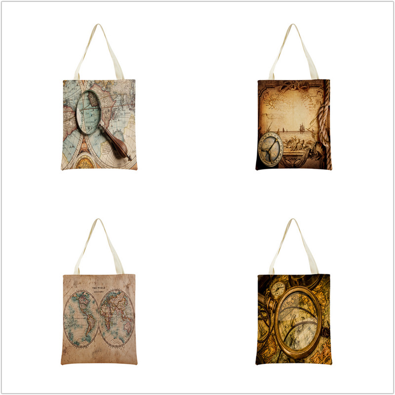 Vintage stara karta s uzorkom Market ECO torba za kupnju Dvostrani print dizajn Prijenosna ručna torba Sklopiva vanjska praktična pohrana