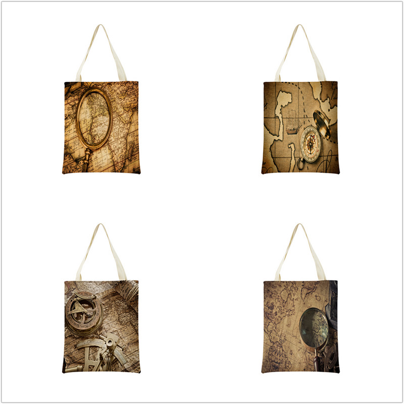 Vintage stara karta s uzorkom Market ECO torba za kupnju Dvostrani print dizajn Prijenosna ručna torba Sklopiva vanjska praktična pohrana