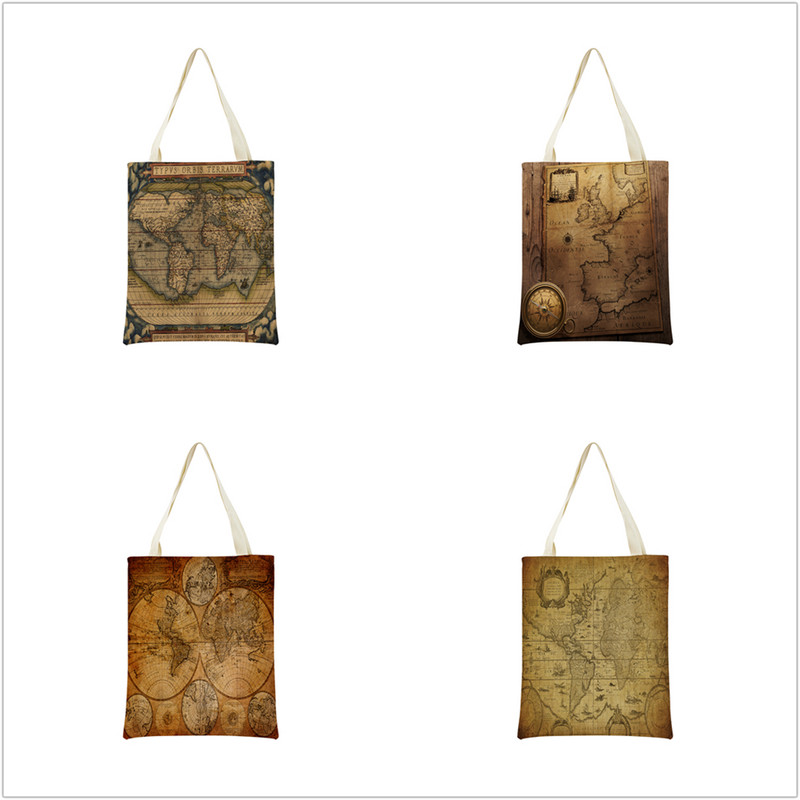 Vintage stara karta s uzorkom Market ECO torba za kupnju Dvostrani print dizajn Prijenosna ručna torba Sklopiva vanjska praktična pohrana