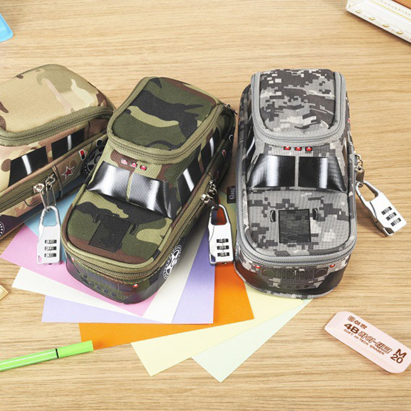 1 gab Creative Lielas ietilpības maskēšanās bezceļa transportlīdzekļa zīmuļu soma bērniem Modes skolas kancelejas piederumu kaste ar paroles slēdzeni