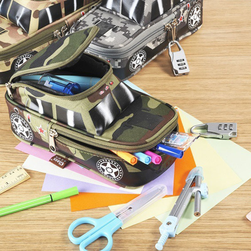 1 gab Creative Lielas ietilpības maskēšanās bezceļa transportlīdzekļa zīmuļu soma bērniem Modes skolas kancelejas piederumu kaste ar paroles slēdzeni