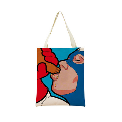 Juokingas PopArt Super Hero dvipusis spausdinimas Eco Market Lininis pirkinių krepšys moterims, sulankstoma rankinė, nešiojamas patogus laikymo krepšys