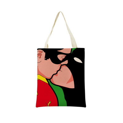 Juokingas PopArt Super Hero dvipusis spausdinimas Eco Market Lininis pirkinių krepšys moterims, sulankstoma rankinė, nešiojamas patogus laikymo krepšys