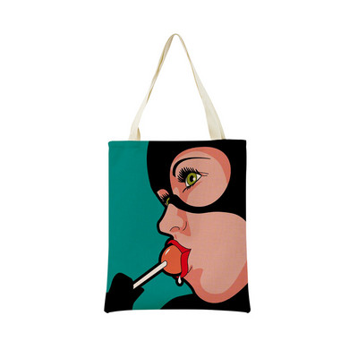 Juokingas PopArt Super Hero dvipusis spausdinimas Eco Market Lininis pirkinių krepšys moterims, sulankstoma rankinė, nešiojamas patogus laikymo krepšys