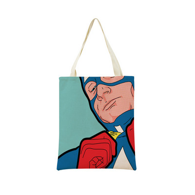 Juokingas PopArt Super Hero dvipusis spausdinimas Eco Market Lininis pirkinių krepšys moterims, sulankstoma rankinė, nešiojamas patogus laikymo krepšys