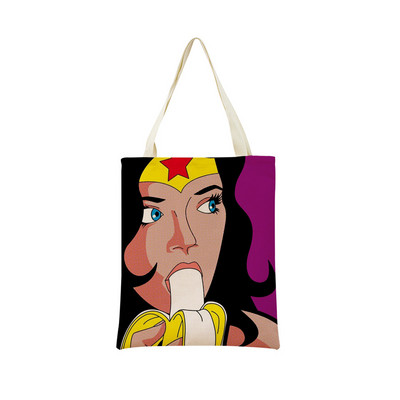 Juokingas PopArt Super Hero dvipusis spausdinimas Eco Market Lininis pirkinių krepšys moterims, sulankstoma rankinė, nešiojamas patogus laikymo krepšys