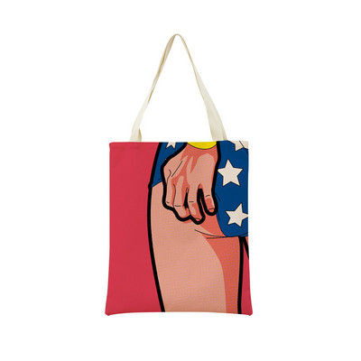 Juokingas PopArt Super Hero dvipusis spausdinimas Eco Market Lininis pirkinių krepšys moterims, sulankstoma rankinė, nešiojamas patogus laikymo krepšys