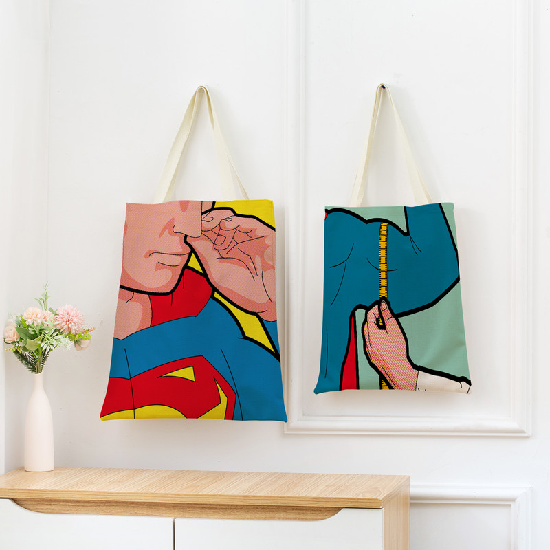 Juokingas PopArt Super Hero dvipusis spausdinimas Eco Market Lininis pirkinių krepšys moterims, sulankstoma rankinė, nešiojamas patogus laikymo krepšys