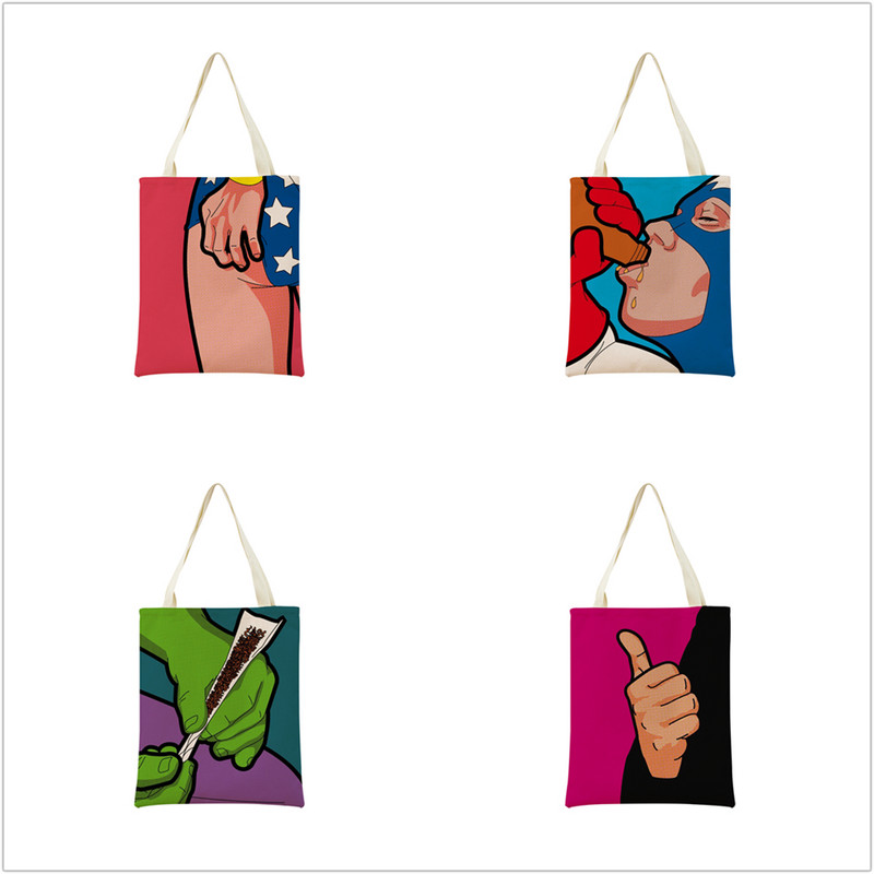 Juokingas PopArt Super Hero dvipusis spausdinimas Eco Market Lininis pirkinių krepšys moterims, sulankstoma rankinė, nešiojamas patogus laikymo krepšys