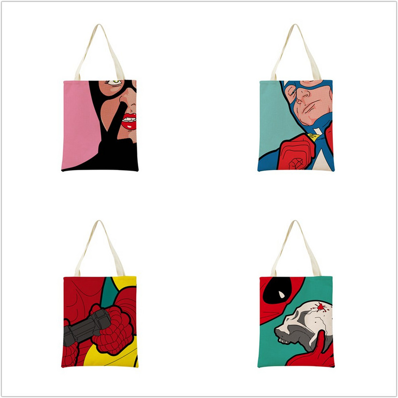 Juokingas PopArt Super Hero dvipusis spausdinimas Eco Market Lininis pirkinių krepšys moterims, sulankstoma rankinė, nešiojamas patogus laikymo krepšys