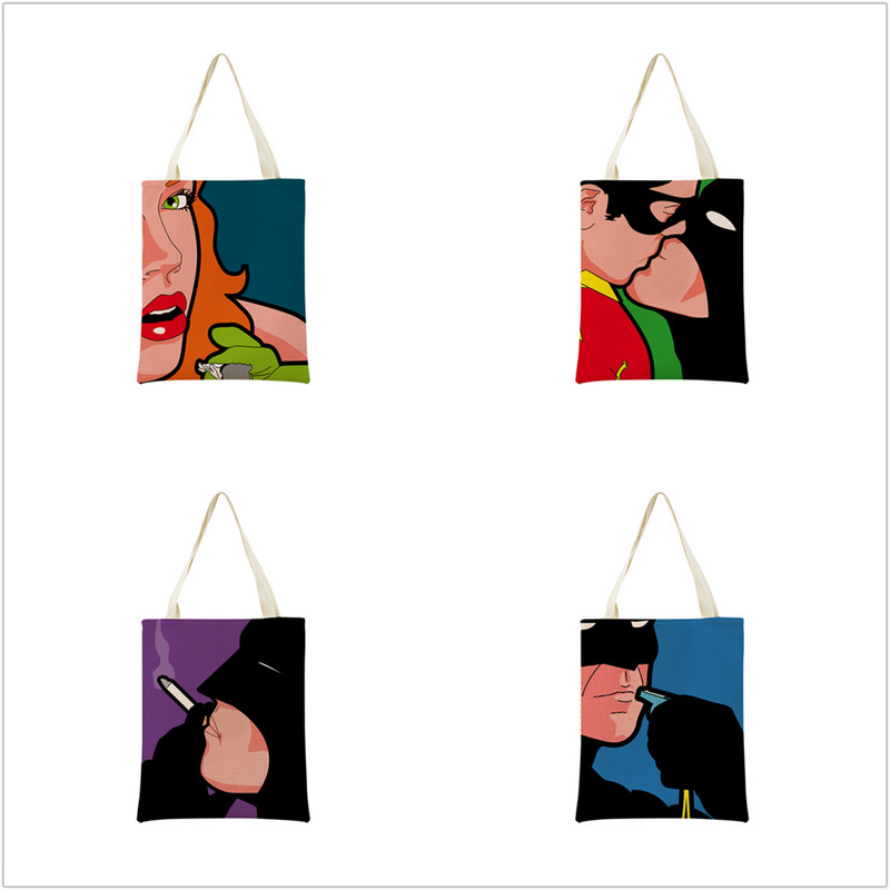Juokingas PopArt Super Hero dvipusis spausdinimas Eco Market Lininis pirkinių krepšys moterims, sulankstoma rankinė, nešiojamas patogus laikymo krepšys