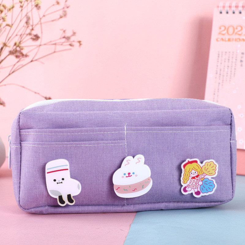 Kawaii ljubičasta platnena pernica, bedž sa slatkim životinjama, ružičaste pernice, velike školske torbe za pernice za djevojčice, pribor za pisanje