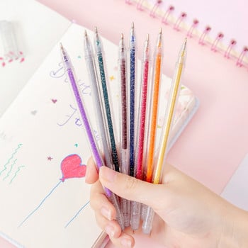 8 бр./компл. Цветове Kawaii Glitter Gel Pen Симпатична цветна химикалка за рисуване Маркер за маркиране за момичета, деца, подарък Направи си сам училищни арт канцеларски материали
