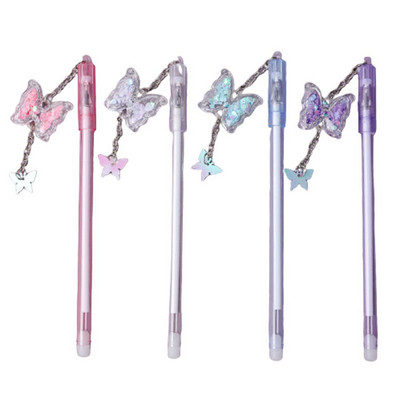 4 bucăți/pachet stilou cu gel pentru fete drăguțe, cu nisip mișcător, pandantiv fluture, stilou pentru examen pentru studenți, pix pentru papetărie școlară