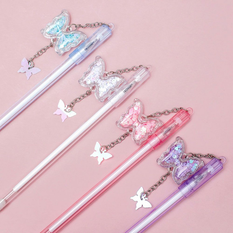 4 bucăți/pachet stilou cu gel pentru fete drăguțe, cu nisip mișcător, pandantiv fluture, stilou pentru examen pentru studenți, pix pentru papetărie școlară
