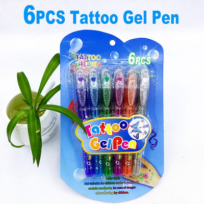 DELVTCH Set de 6 bucăți, lavabil, cu sclipici, stilou cu gel pentru tatuaj, cerneală colorată ecologică pentru piele, graffiti, desen, pictură, decor, cadou pentru copii