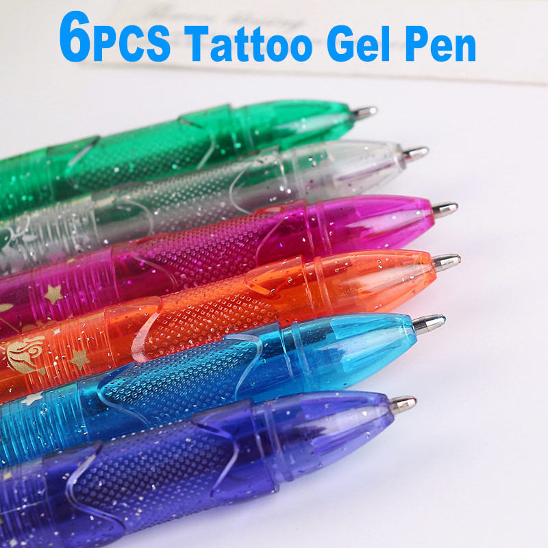 DELVTCH Set de 6 bucăți, lavabil, cu sclipici, stilou cu gel pentru tatuaj, cerneală colorată ecologică pentru piele, graffiti, desen, pictură, decor, cadou pentru copii