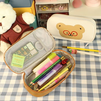 Сладък калъф за моливи PU кожена кутия за моливи Kawaii Bear Ученически пособия за момичета Голям капацитет Опростен стил Ученически канцеларски материали Чанти за химикалки
