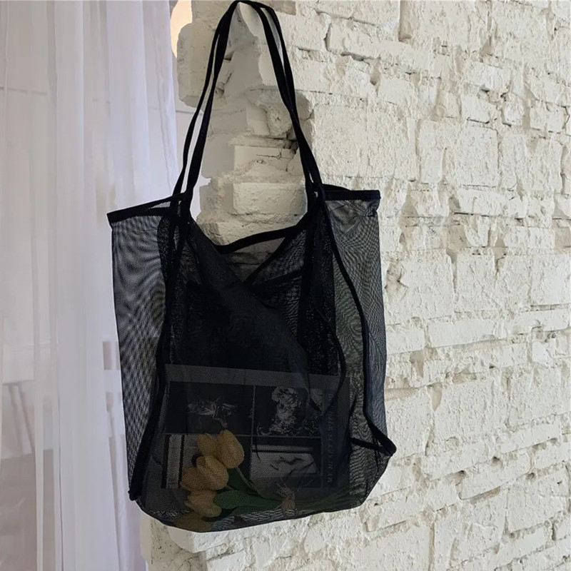 Naujas Kelionių madingas nešiojamas krepšys Moteriškas tinklinis tuščiaviduris permatomas paplūdimio krepšys Moteriška didelės talpos drobinis pečių krepšys 2023 m.