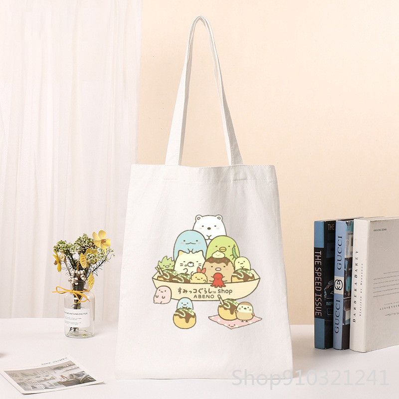 Kawaii Sumikko Gurashi Shopper Tote Bag ženska torba s otisnutim slatkim kupovnim torbama Djevojačka torba za kupnju na rame Ženska platnena torba s crtežima