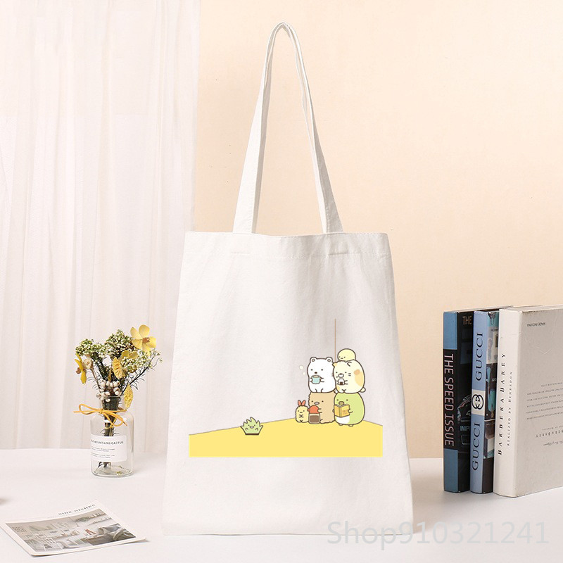 Kawaii Sumikko Gurashi Shopper Tote Bag ženska torba s otisnutim slatkim kupovnim torbama Djevojačka torba za kupnju na rame Ženska platnena torba s crtežima