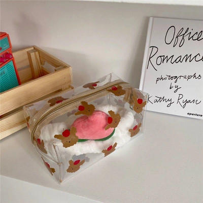 Geantă transparentă pentru cosmetice Ins Bear, inimă de fetiță, drăguț de desene animate, geantă de depozitare pentru produse cosmetice de capacitate mare.