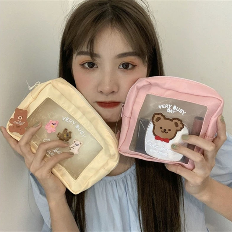 Geantă transparentă pentru cosmetice Ins Bear, inimă de fetiță, drăguț de desene animate, geantă de depozitare pentru produse cosmetice de capacitate mare.