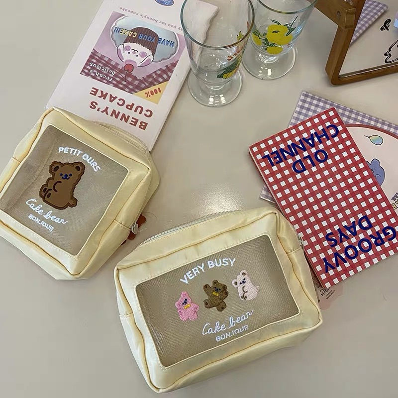 Geantă transparentă pentru cosmetice Ins Bear, inimă de fetiță, drăguț de desene animate, geantă de depozitare pentru produse cosmetice de capacitate mare.