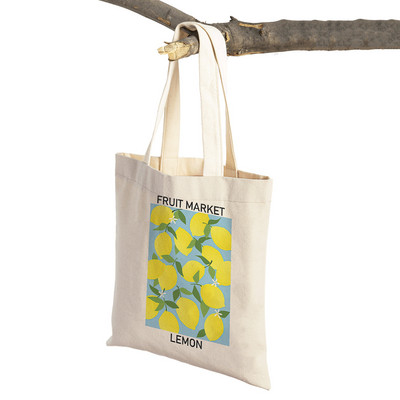 Augļu tirgus Ķiršu Citronu Bumbieru Banānu Apelsīnu Sievietēm Pircēju Somas Bagāžas soma Audekls Augu Ceļojumi Plecu rokassomiņa Iepirkumu soma