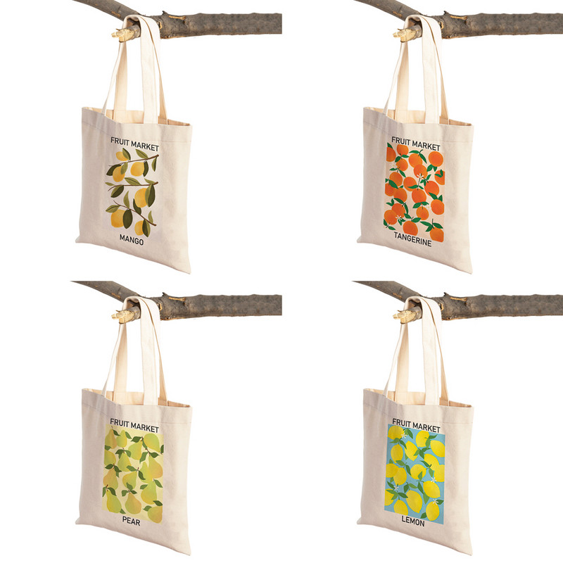 Augļu tirgus Ķiršu Citronu Bumbieru Banānu Apelsīnu Sievietēm Pircēju Somas Bagāžas soma Audekls Augu Ceļojumi Plecu rokassomiņa Iepirkumu soma