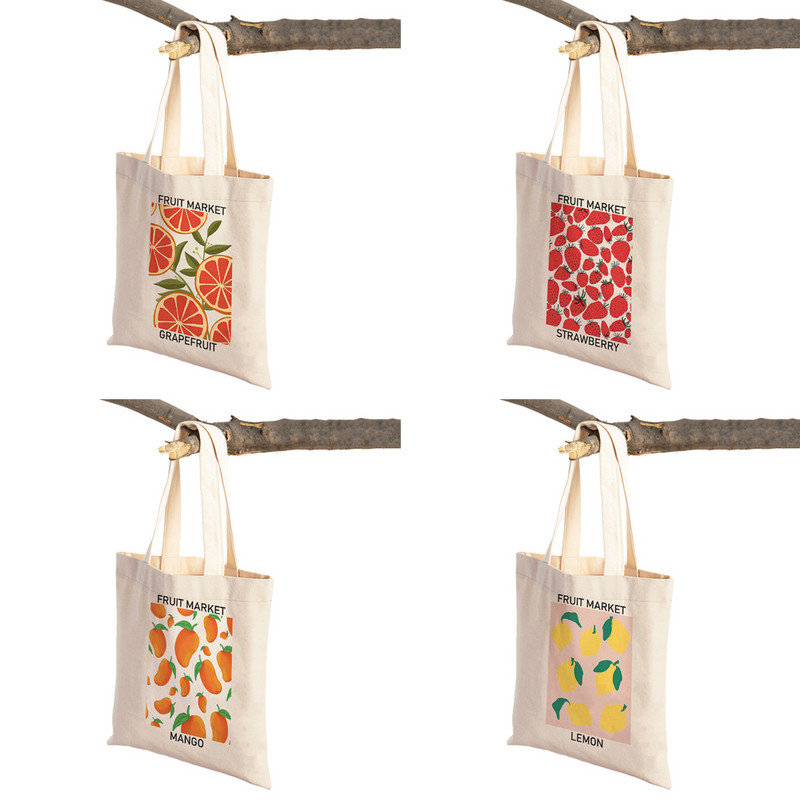 Augļu tirgus Ķiršu Citronu Bumbieru Banānu Apelsīnu Sievietēm Pircēju Somas Bagāžas soma Audekls Augu Ceļojumi Plecu rokassomiņa Iepirkumu soma