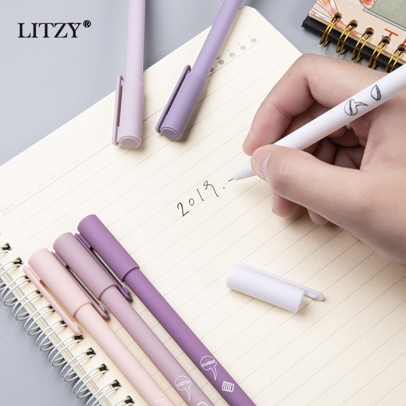 6gab./iepakojumā 0,5 mm maza svaigi melna tintes karikatūra gēla pildspalva Biroja piederumi Kancelejas piederumi Studentu rakstīšanai neitrāla pildspalva