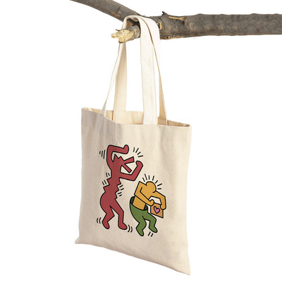 Kīta mākslas izstādes plakāti Abstrakti Smieklīgi Figūra Sieviešu iepirkumu maisiņi Atkārtoti lietojami abpusēji apdruka Ikdienišķa audekla iepirkšanās soma Tote