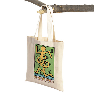 Kīta mākslas izstādes plakāti Abstrakti Smieklīgi Figūra Sieviešu iepirkumu maisiņi Atkārtoti lietojami abpusēji apdruka Ikdienišķa audekla iepirkšanās soma Tote