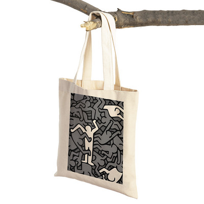 Kīta mākslas izstādes plakāti Abstrakti Smieklīgi Figūra Sieviešu iepirkumu maisiņi Atkārtoti lietojami abpusēji apdruka Ikdienišķa audekla iepirkšanās soma Tote