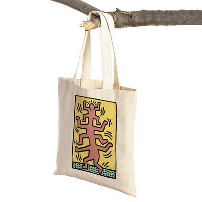 Kīta mākslas izstādes plakāti Abstrakti Smieklīgi Figūra Sieviešu iepirkumu maisiņi Atkārtoti lietojami abpusēji apdruka Ikdienišķa audekla iepirkšanās soma Tote