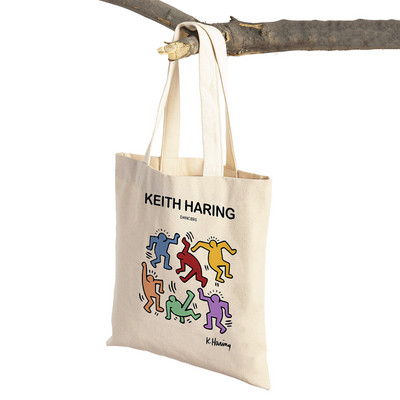 Kīta mākslas izstādes plakāti Abstrakti Smieklīgi Figūra Sieviešu iepirkumu maisiņi Atkārtoti lietojami abpusēji apdruka Ikdienišķa audekla iepirkšanās soma Tote